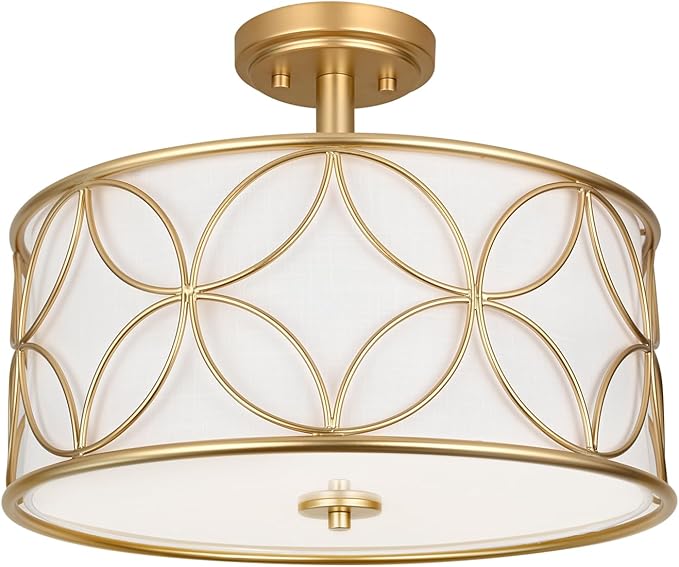 3-Light Semi Flush Mount Ceiling Light, 16" Drum Light with Fabric Shade, Modern Close to Ceiling Lamp for Living Room Bedroom Dining Room Kitchen Hallway Entry Foyer (Gold)