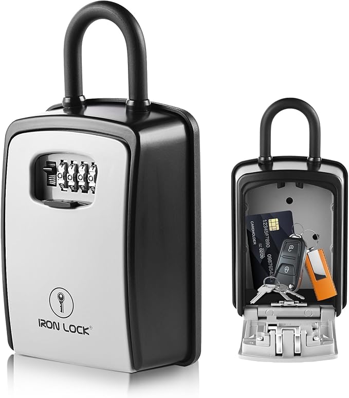 Iron Lock® Key Lock Box Portable with U-Shackle – XXL Waterproof Heavy-Duty Metal Safe with 4-Digit Combination for Spare Keys Outside on Door Knob, Fence or Gate (Grey, XXL)