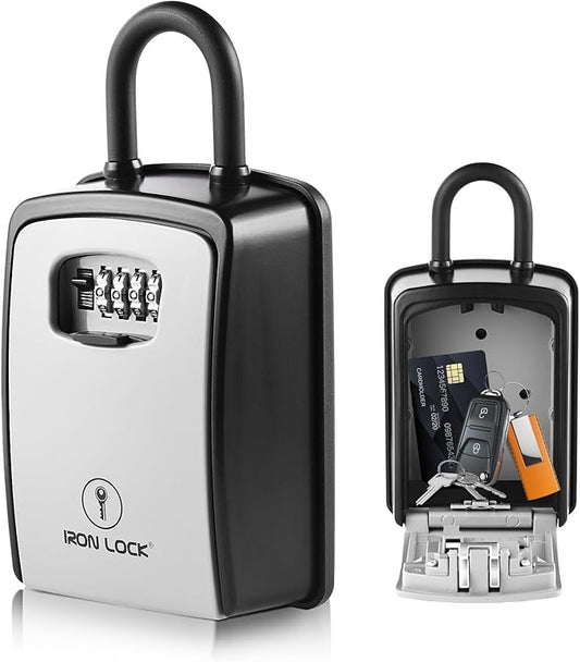 Iron Lock® Key Lock Box Portable with U-Shackle – XXL Waterproof Heavy-Duty Metal Safe with 4-Digit Combination for Spare Keys Outside on Door Knob, Fence or Gate (Grey, XXL)