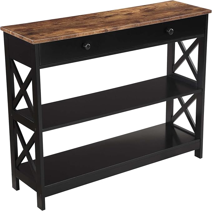 Convenience Concepts Oxford 1 Drawer Console Table with Shelves, Barnwood/Black