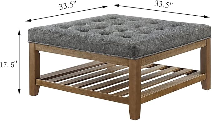 24KF Large Square Upholstered Tufted Linen Ottoman Coffee Table, Large Footrest Ottoman with Solid Wood Shelf-Granite