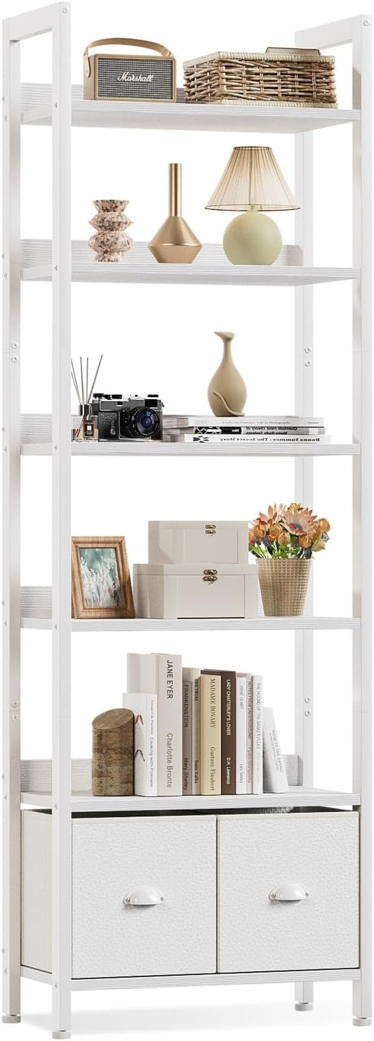 Furologee White 6 Tier Bookshelf with Drawers, Tall 71" Bookcase with Shelves, Modern Wood and Metal Bookshelves Storage Organizer, Display Free Standing Shelf Unit for Bedroom, Living Room, Office