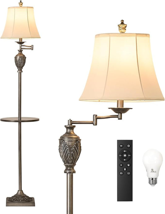 Traditional LED Floor Lamp with 350° Adjustable Swing Arm Lamp – Vintage Standing Pole lamp for Living Room, Bedroom and Office – Rustic Upright Floor Light for Home Décor with Silk Fabric Shade
