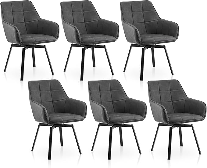 TUKAILAi Modern Swivel Armchairs Set of 6, Faux Leather Upholstered Accent Dining Chairs with Metal Legs, Rotatable Desk Chair for Home Office Kitchen Vanity Guest Reception Restaurant (Grey)