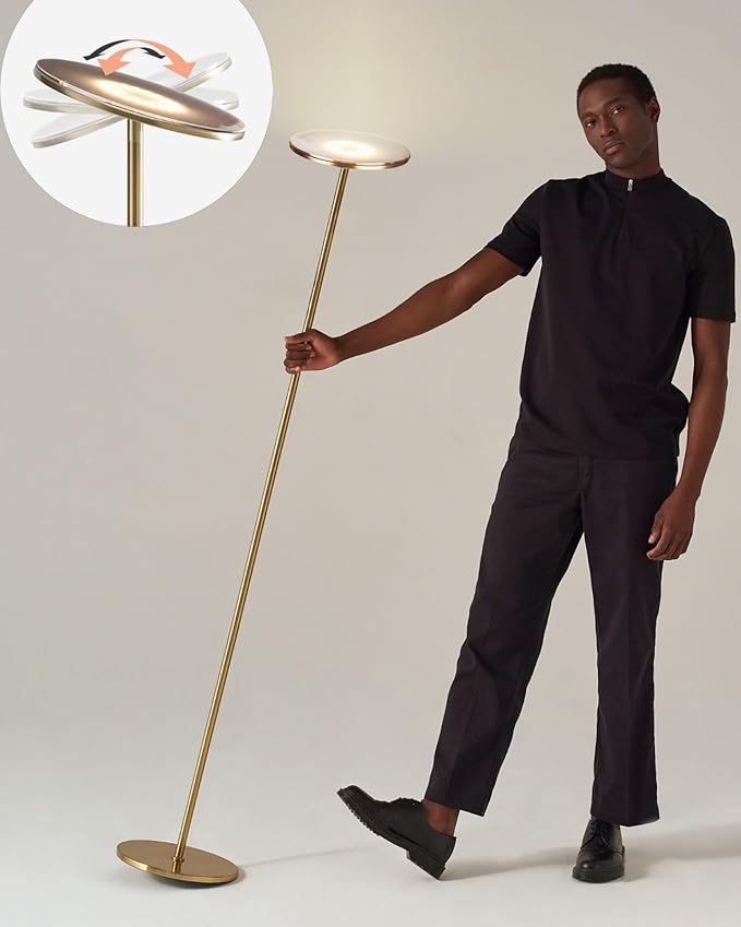 Brightech Sky LED Floor lamp for Living Rooms & Offices -Torchiere Super Bright , Dimmable, Tall Standing Lamp for Bedroom Reading - Gold Brass