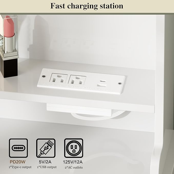 Makeup Vanity Desk with Mirror and Lights, Vanity Desk with 8 Drawers & Storage Shelves, Vanity Table with Power Outlet, 3 Color Modes & Adjustable Brightness Dressing Table, Bedroom,White