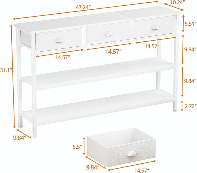 Furologee White Long 47" Console Sofa Table with 3 Drawers, Entryway Table with 3-Tier Storage Shelves, Display Shelf for Entry Way, Hallway, Couch, Living Room, Kitchen, Foyer