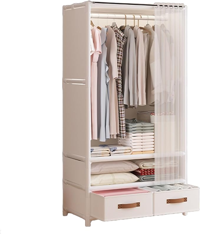 Portable Closet,Portable Closets for Hanging Clothes,Japanese Style Garment Rack Clothing Rack with 2 Drawers,1 Hanging Rods and 2 Storage Shelves,27.5" L x 17.7" W x 65.1" H,White