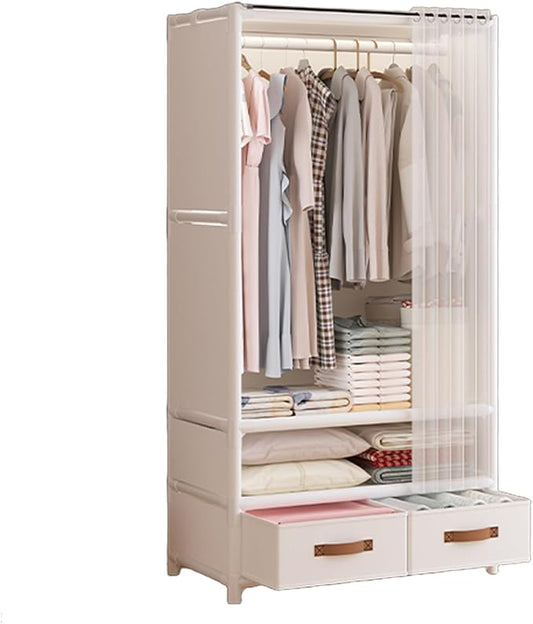 Portable Closet,Portable Closets for Hanging Clothes,Japanese Style Garment Rack Clothing Rack with 2 Drawers,1 Hanging Rods and 2 Storage Shelves,27.5" L x 17.7" W x 65.1" H,White