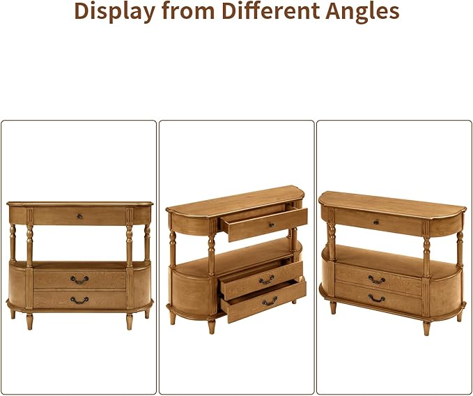 HMFULE Retro Curved Console Table, 43" Solid Wood Half Moon Console Table Entryway Table Sofa Table with Open Shelf Curved Corners 3 Drawers Pine Roman Legs for Living Room,Hallway,Entryway,Brown