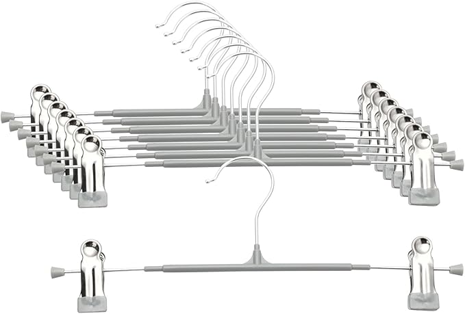 Pants Hangers with Clips - 8 Pack Heavy Duty, Non-Slip Adjustable Space Saving Skirt Hangers for Pants, Jeans, Shorts | Gray | 12 Inch