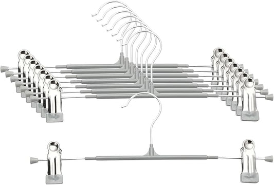 Pants Hangers with Clips - 8 Pack Heavy Duty, Non-Slip Adjustable Space Saving Skirt Hangers for Pants, Jeans, Shorts | Gray | 12 Inch