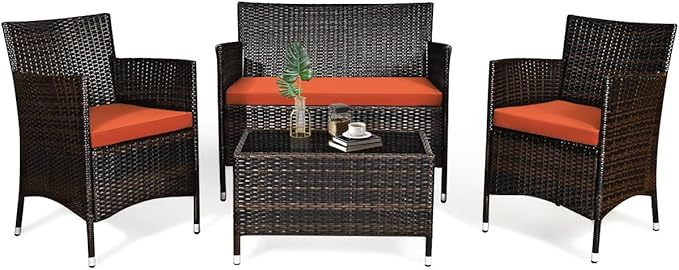 Tangkula 4 Pieces Patio Rattan Conversation Set, Outdoor Wicker Furniture with Tempered Glass Coffee Table & Thick Cushion, Rattan Chair Wicker Set for Garden, Lawn, Poolside and Backyard (1, Orange)