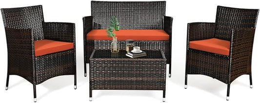 Tangkula 4 Pieces Patio Rattan Conversation Set, Outdoor Wicker Furniture with Tempered Glass Coffee Table & Thick Cushion, Rattan Chair Wicker Set for Garden, Lawn, Poolside and Backyard (1, Orange)
