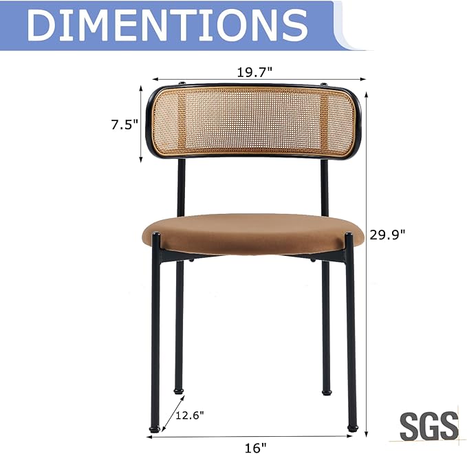 Rattan Dining Chairs Set of 8, Mid Century Modern Dining Chairs with Cane Back and Boucle Upholstered Seat, Farmhouse Kitchen Chairs for Dining Room and Living Room, Brown