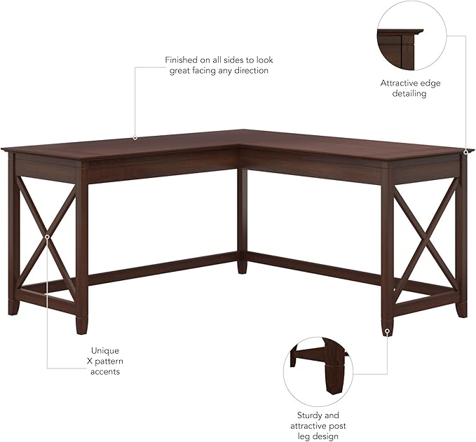 Bush Furniture Key West 60W Modern Farmhouse L Shaped Desk in Bing Cherry, 60-Inch Corner Computer Table for Home Office Workspace