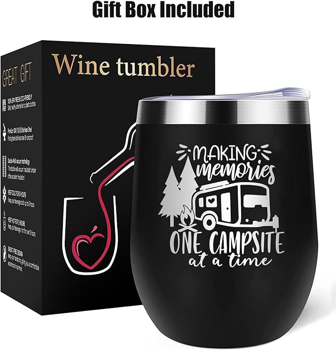 Camper Wine Tumbler Coffee Mug, Stemless Tumblers with Lid, Stainless Steel Insulated Vacuum 12 Oz, Camping Gifts, Making Memories One Campsite At A Time