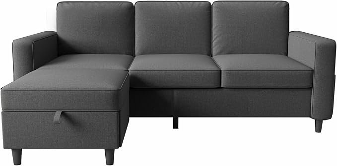 Sectional Sofa Couches for Living Room, 78'' Dark Grey 3 Seater L-Shaped Couch with Storage Ottoman, Comfy Fabric Convertible Sectionals Sofas with Chaise for Apartment, Office, Small Space