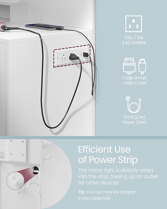 VASAGLE Kailyn Collection - Vanity Desk with Power Outlets and LED Lights, 35.4-Inch Wide Makeup Table with Mirror, Drawer and Cabinet, for Bedroom, Cloud White URDT128WB01V1S