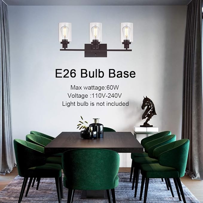 MELUCEE 3 Light Bathroom Vanity Light Oil Rubbed Bronze, Industrial Wall Light Fixture with Clear Glass Shade Sconces for Bedroom Porch Kitchen Living Room (Patent No.: US D963914 S)