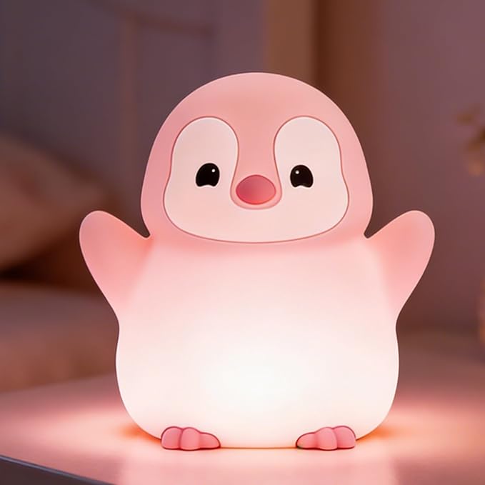 Pink Penguin Night Light,Soft Silicone Nursery Nightlight for Baby,LED Squishy Novelty Animal Bedside Lamp,Rechargeable/Dimmable/Timer,Room Decor, Cute Xmas Gifts for Kids/Girls/ Mom/ Grandma/ Teens