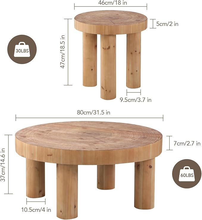 RUSTOWN 2-Piece Round Farmhouse Coffee Table, Rustic Coffee Table Sets, Circle Wooden Ring Finish with Solid Wood Legs, Center Tables Set for Living Room (Natural)