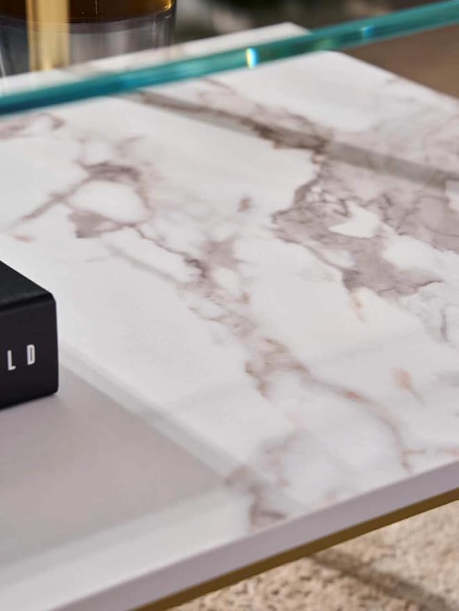 Shrine Rectangle Coffee Table, Mid-Century Modern Design, 2-Tier Structure, Clear Glass Top and White MDF Shelf, 41" D x 21" W x 17" H, Sleek Conical Metal Legs with Gold Finish