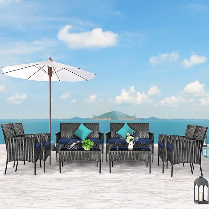 Tangkula 8 Pieces Patio Furniture Set, Outdoor Wicker Conversation Set with Tempered Glass Tabletop, Rattan Sofa and Chairs Set with Off White & Navy Cushion Covers