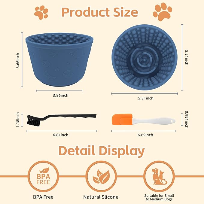 Dog Lick Bowl with Brush and Scraper, Anxiety Relief Silicone Slow Feeder Treat Dispenser, Anti-chocking Pet Dish, Non-Slip Interactive Entertainment Dog Puzzle Toy for Medium & Large-Dark Blue