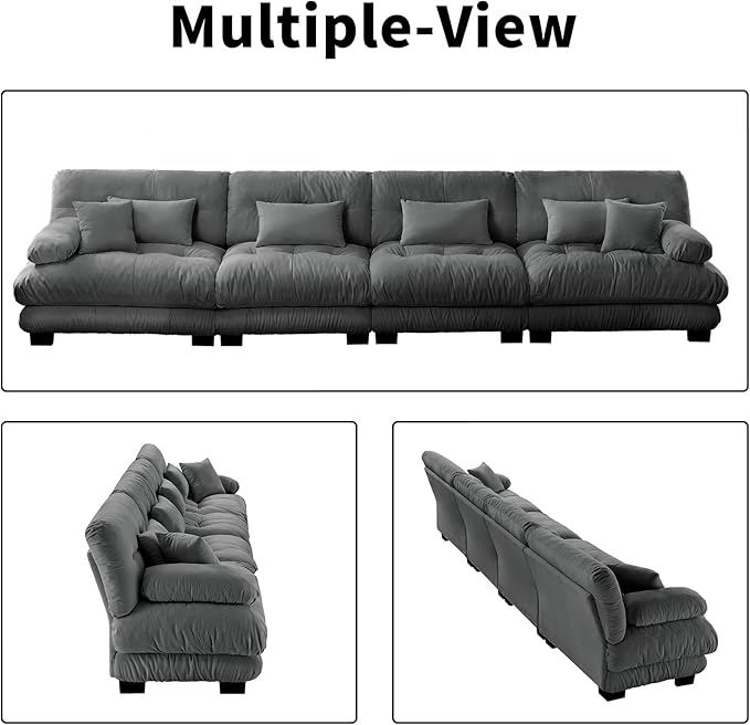 173.2" Oversized Couch, 4 Seater Modular Sectional Sofa, Grey Sectional Fluffy Couch Set, Chenille Cloud Couches with 6 Pillows, Deep Seat Sofas for Living Room