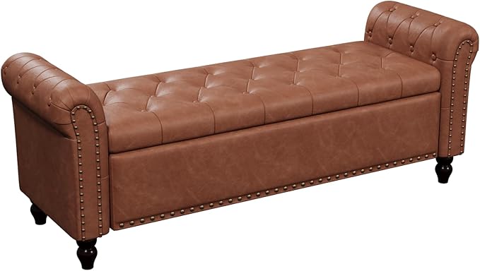 55 Inch Bedroom Storage Bench, Faux Leather End of Bed Bench with Storage, Upholstered Ottoman Foot Rest with Rolled Arms for Bedroom, Living Room, Apartment, Brown