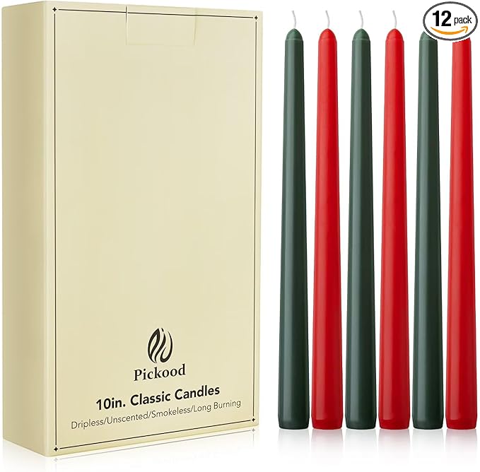 10-Inch Tall Dripless Taper Candles Set of 12 - Red and Green Tapered Candles, Perfect for Christmas - Smokeless, Unscented, Long Burning - Hand Poured, Colored Tall Candlesticks - Christmas