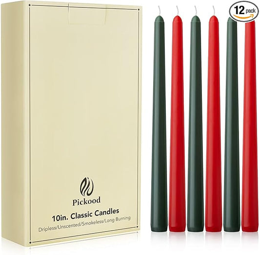 10-Inch Tall Dripless Taper Candles Set of 12 - Red and Green Tapered Candles, Perfect for Christmas - Smokeless, Unscented, Long Burning - Hand Poured, Colored Tall Candlesticks - Christmas