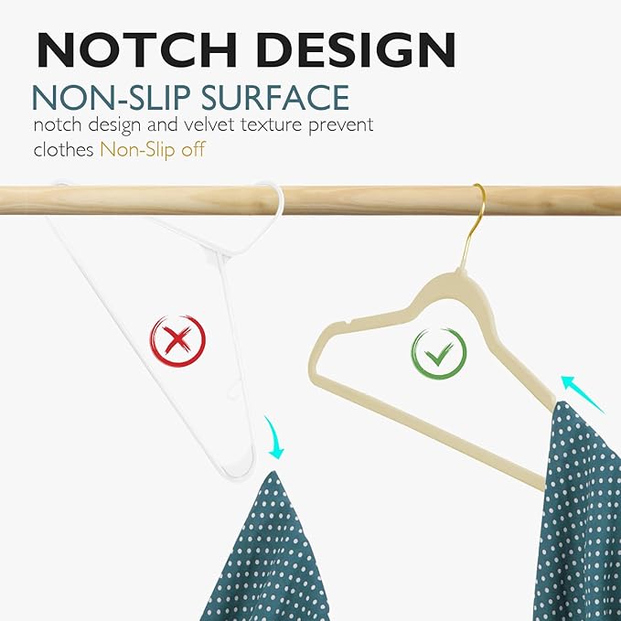 ManGotree Velvet Coat Hangers with 360° Swivel Gold Hook, Non-Slip Felt Suit Hangers, Slim Space Saving Clothes Hanger for Jacket, Sweater, Shirt, Dress, Pants (36 Pack, Beige)