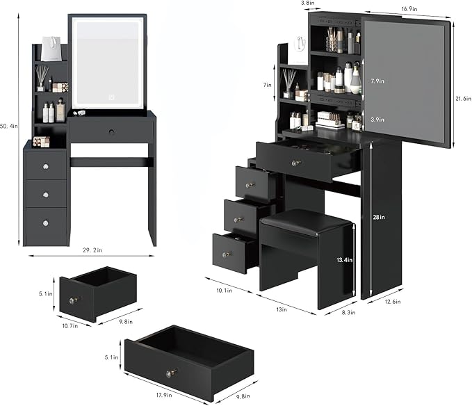Small Makeup Vanity Desk with Mirror, Small Vanity Desk Set with Hidden Chair, Compact Vanities Table with Compact Space Storage Stool, 4 Drawers, Storage Shelves for Bedroom, Black
