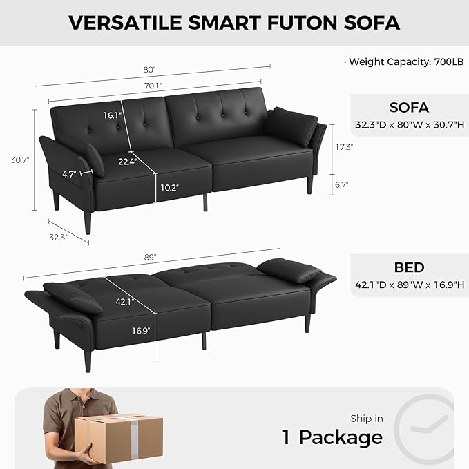89” Futon Sofa Bed,Futon Couch Bed with 2 Square Pillows,Convertible Sleeper Sofa with Adjustable Backrest& Armrests, Modern Loveseat Sleeper for Living Room, Bedroom,Faux Leather Black
