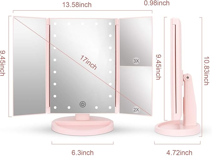 deweisn Tabletop Mount Tri-Fold Lighted Vanity Mirror with 21 LED Lights, Touch Screen and 3X/2X/1X Magnification, Two Power Supply Modes Make Up Mirror,Travel Mirror