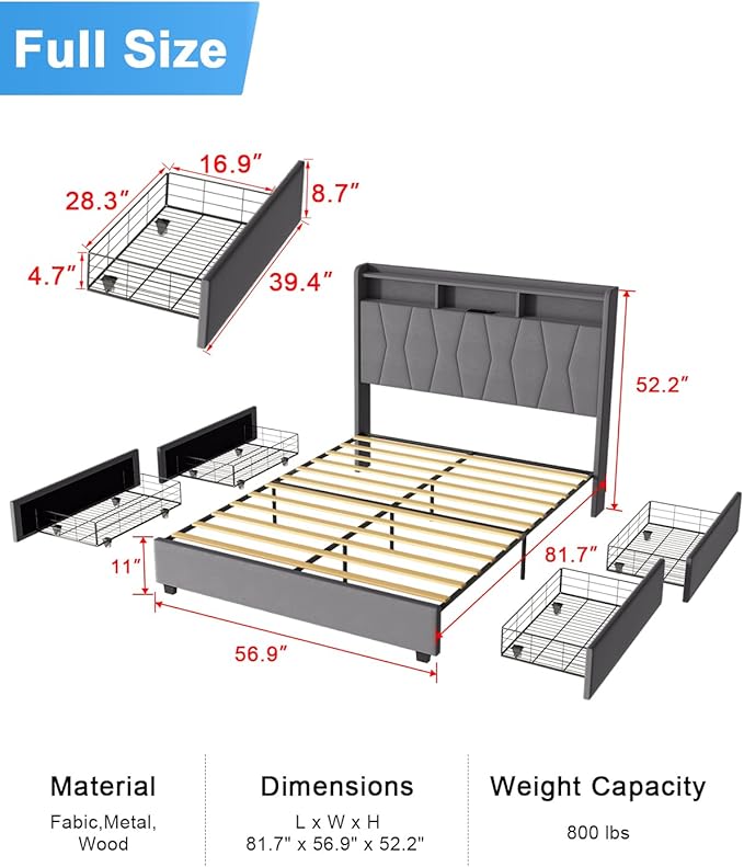 Full Size Bed Frame, Velvet Upholstered LED Platform Bed with Headboard Storage, Bed Frame Full Built-in Charging Station with 4 Drawers, Wood Slat Support, No Box Spring Needed, Grey