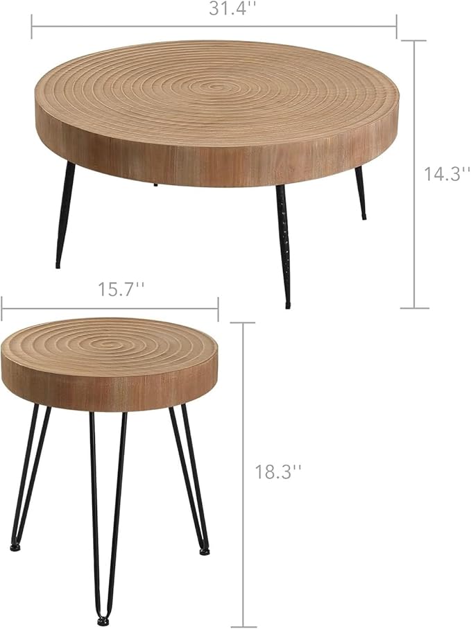 RUSTOWN Farmhouse Round Coffee Table Set of 2, Helical Ring Cocktail Table Set, Modern Circle Natural Wood Finsh Side and End Table Sets for Living Room, Natural