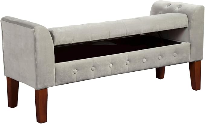 HomePop Velvet Tufted Storage Bench Settee with Hinged Lid, Grey