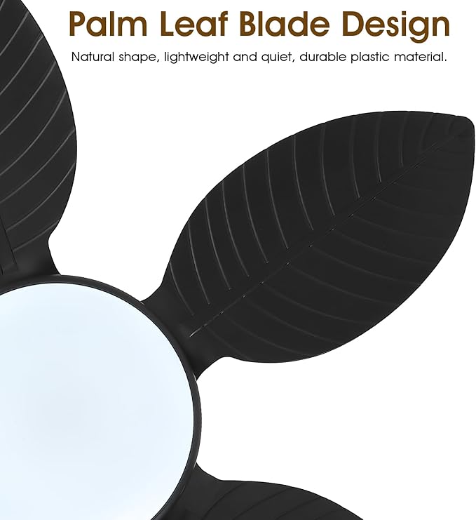 Ceiling Fans with Lights and Remote/APP Control, 48 Inch Tropical Ceiling Fan for Bedroom Living Room, Outdoor Palm Leaf Ceiling Fan for Patios Porch, Dimmable, 6 Speeds, Reversible, Black