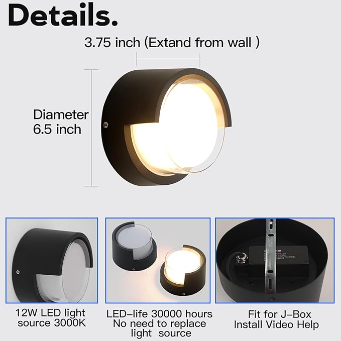 R-YY-BD-012-3K Wall Light Outdoor Modern Wall Sconce Minimalist Style Wall Mount Light Round Outdoor Aluminum Wall Light No Glare high Brightness 3000K Warm Lights Circular Aluminum Wall Light