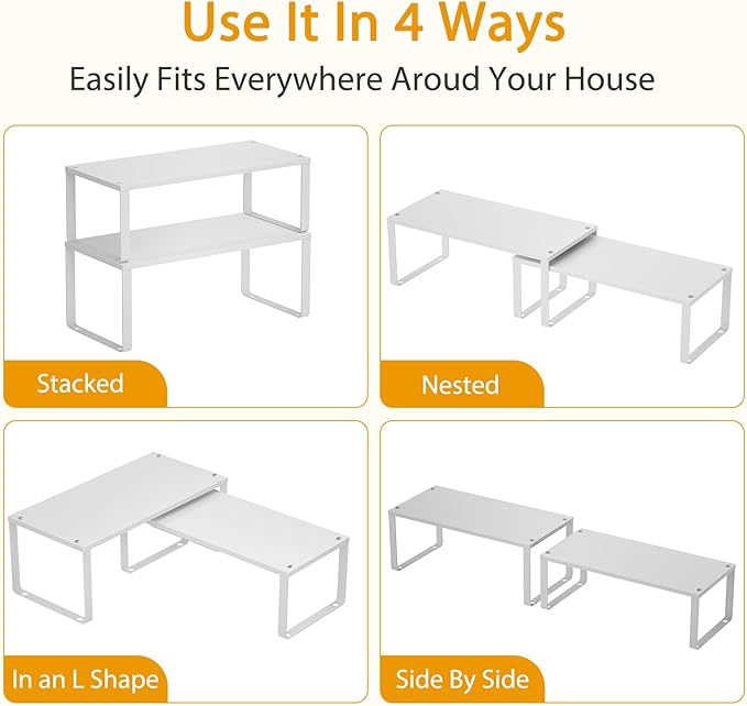 15.75" Long Stackable Expandable Metal Shelf Organizer For Kitchen Cabinet Counter Storage, Set of 2 Small Metal Storage Shelves Spice Rack For Kitchen Cupboard Countertop,Sturdy, 30LBS Heavy Duty