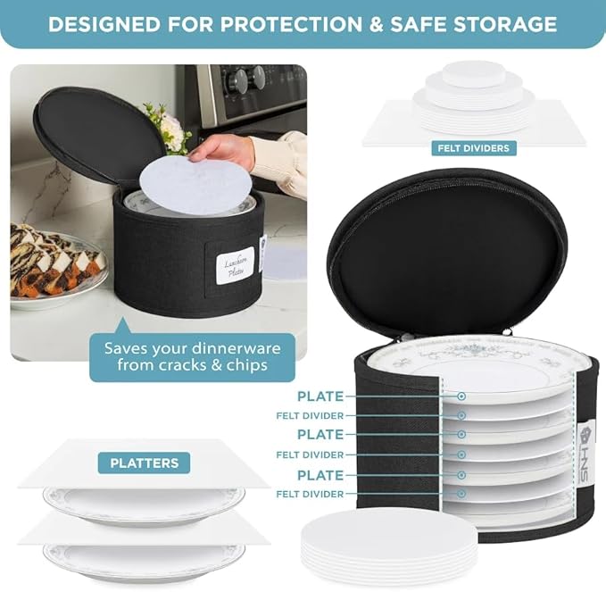 Hard Shell China Storage Containers 8-Piece Set Moving Boxes for Dinnerware, Glasses, Plates, Mugs and Saucers Sturdy Dish Organizer with Dividers for Seasonal Storage - Service for 12 - Black