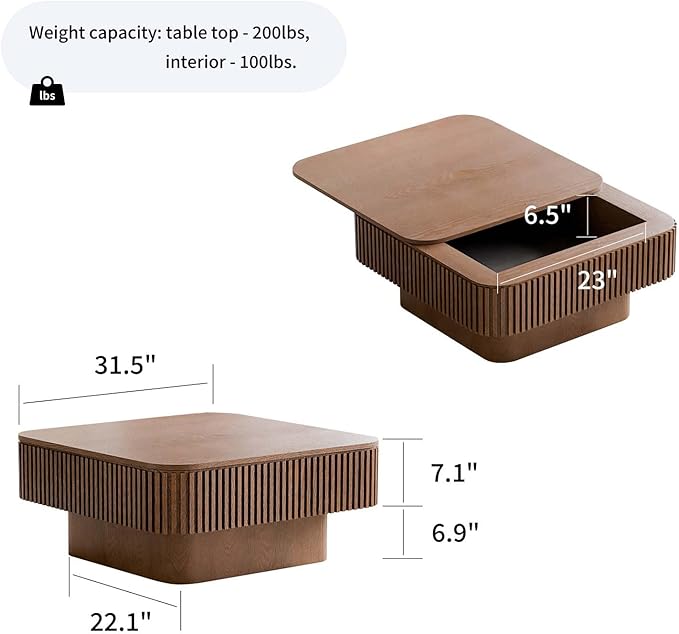 31.5'' Small Square Coffee Table with Storage, Fluted Coffee Table with Solid Wood Veneered, Mid Century Modern Wooden Center Table, Accent Tea Table for Small Space Living Room Apartment, Walnut