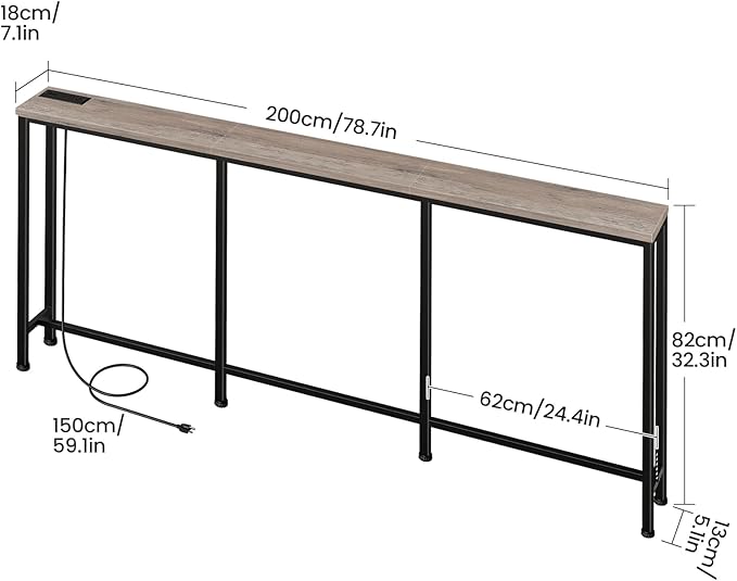 78.7" Narrow Console Table with Power Outlet 7.1" Skinny Sofa Table, Long Behind Couch with Charging Station for Hallway, Living Room Greige and Black TXG20UBG
