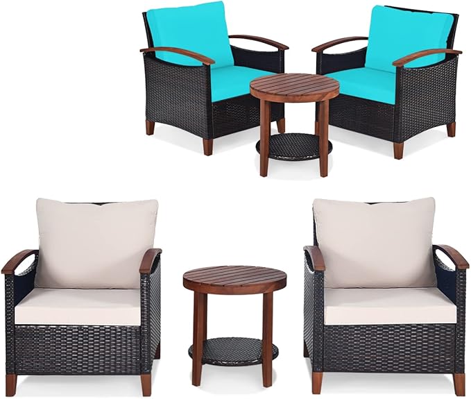 Tangkula 3 Pieces Patio Rattan Furniture Set, Outdoor Wicker Sofa Set w/Washable Cushion and Acacia Wood Tabletop, High Load Bearing Chair with Coffee Table, Conversation Furniture (Turquoise & Beige)