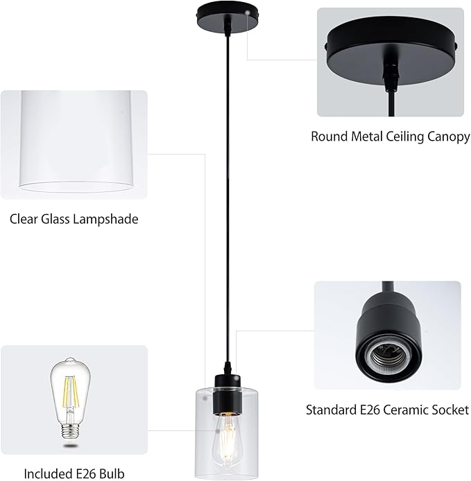 MAYNA 2 Pack Black Pendant Lights Kitchen Island, Mini Pendant Light Fixture with Clear Glass Shade, Adjustable Cord Industrial Farmhouse Hanging Ceiling Lamp for Dining Room, Sink, Bar(Bulb Included)