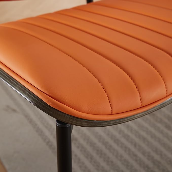 Dining Chairs Set of 2, Mid Century Modern Dining Room Chairs, Upholstered PU Leather Vertical Stripe Kitchen Chair with Walnut Bentwood and Metal Legs, Orange