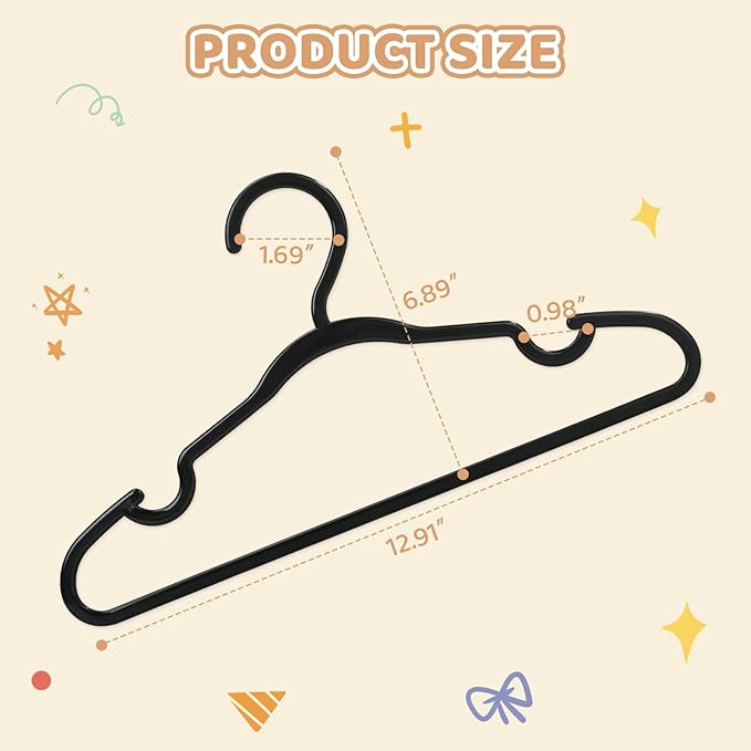 100 Pack Black Baby Hangers 12.91 Inch - Kids Non-Slip Clothes Hangers for Infant & Child, Durable Plastic Children's Hangers for Closet, Pants, Coats, Skirts